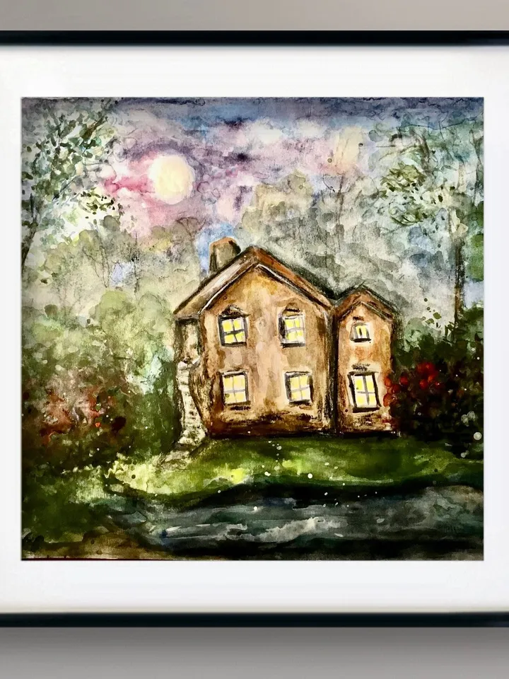 Mysterious House in the woods,original watercolour painting,forest painting,river,landscape painting,unique handmade painting,home decor