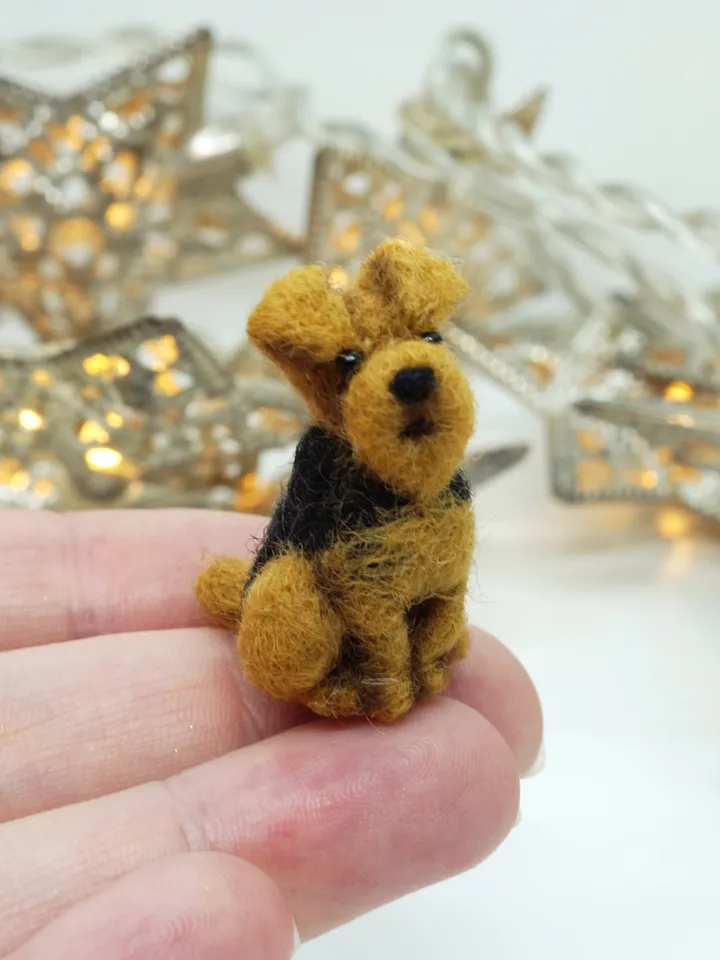 Tiny needle felted airedale terrier, miniature felted pet, dog portrait, Bingley waterside terrier, made to order