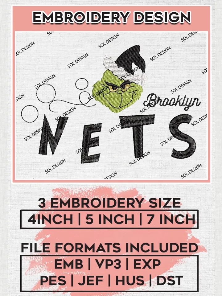 Grinch Brooklyn Nets Embroidery Designs, Grinch Christmas Embroidery Files, NBA Brooklyn Nets Machine Embroidery Designs, NBA Nets Logo, NBA Christmas Machine Embroidery Design, Digital Download