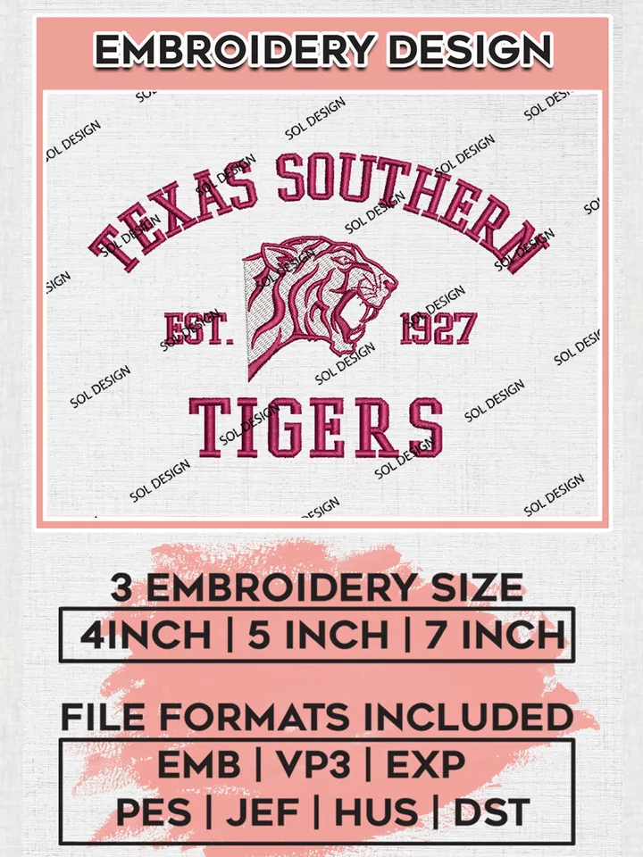 Texas Southern Tigers Est 1927 Logo Embroidery Designs, NCAA Texas Southern Tigers Team Embroidery, NCAA Team Logo, 3 sizes, Machine embroidery Files, Digital Download