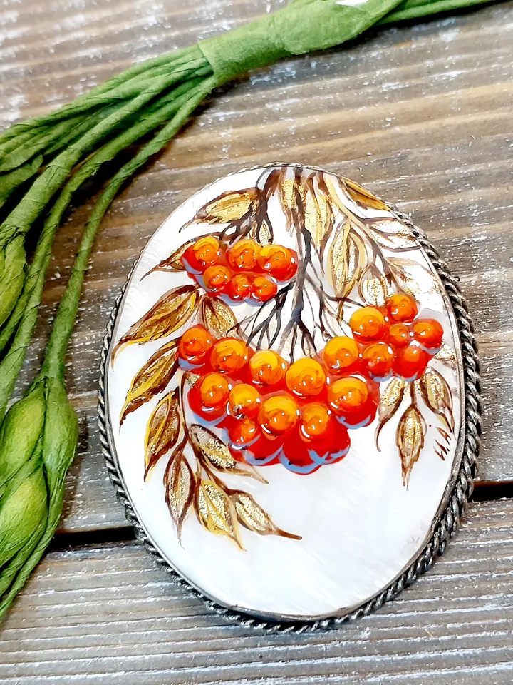 Brooches for women: Bunch of Rowan berries painted on pearl brooch • Orange handmade painted pin • Gorgeous pin for fall season dress