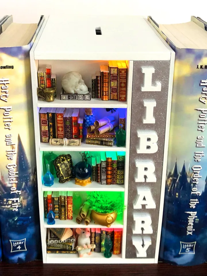 Book nook, Book nook money box, book nook insert, book nook miniatures, bookshelf insert, Dark Academy library, best friend christmas gift