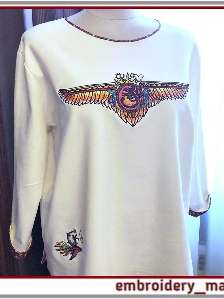 Embroidery design wings, sun, marine life and sea animals