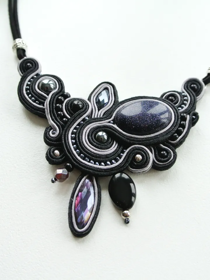 Black Statement necklace with Aventurine stone, Soutache embroidered necklace with natural stone