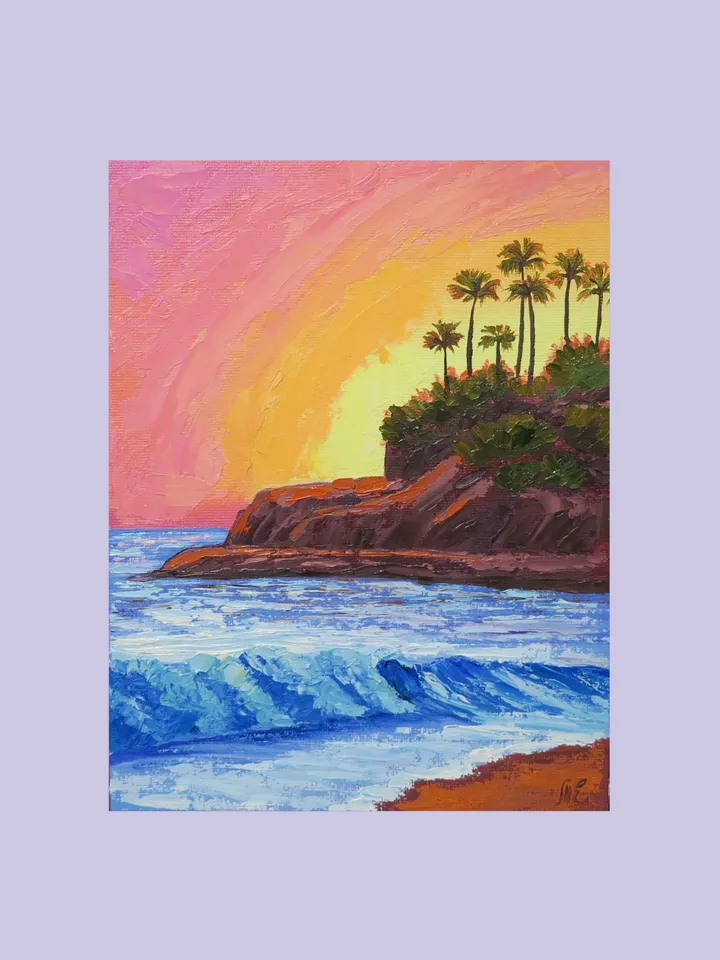 Original Oil Painting of Seascape Tranquil Sunset Over Ocean Waves On Canvas
