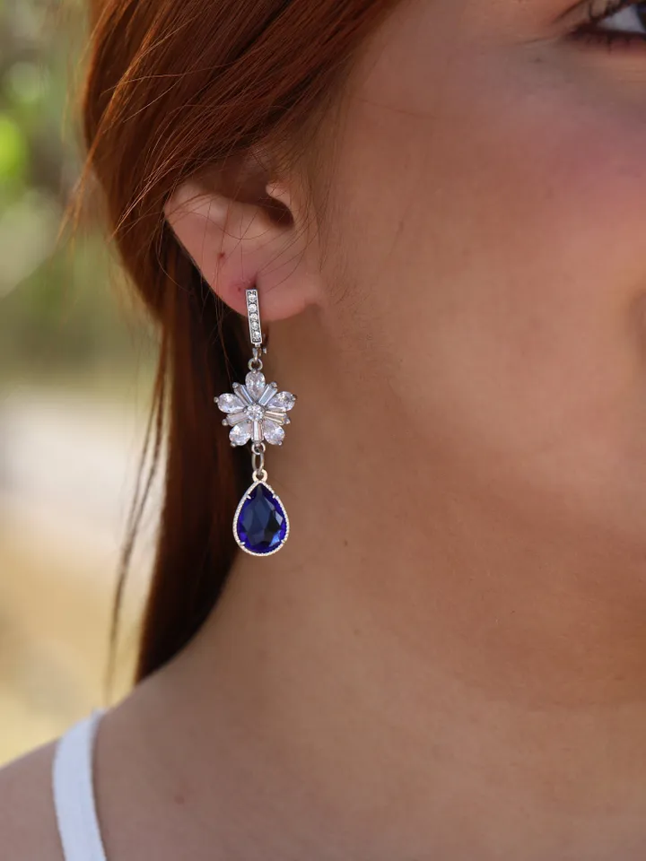 Silver | Blue Cubic Zirconia Flower Wedding Earrings, Swarovski Crystal Bridal Earrings, Floral Statement Wedding Earrings, Bridal Jewelry,
