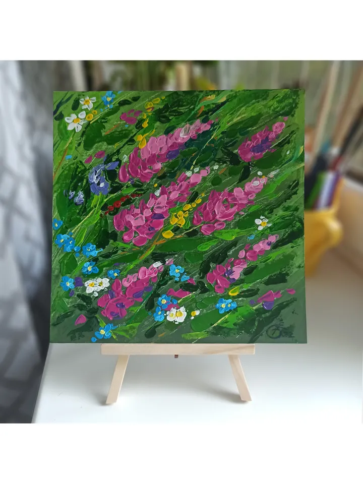 Abstract flower painting, "Wildflowers", original acrylic painting on cardboard 20x20cm, Impasto, Lupines, Forget-me-nots, Chamomiles