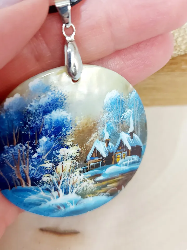 Nice Pendant Winter landscape. Village. Mother-of-pearl Russian hand painting. Hand-painted necklace pendant. Miniature painting