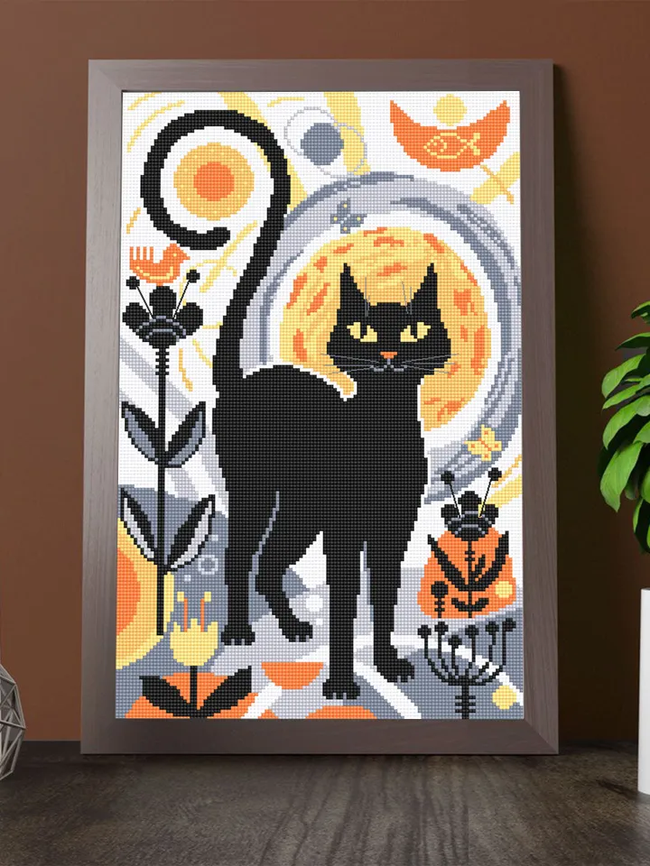 Boho cat cross stitch pattern PDF download Boho cross stitch chart, Abstract pattern digital PDF, Black cat embroidery, Boho wall decor #K22