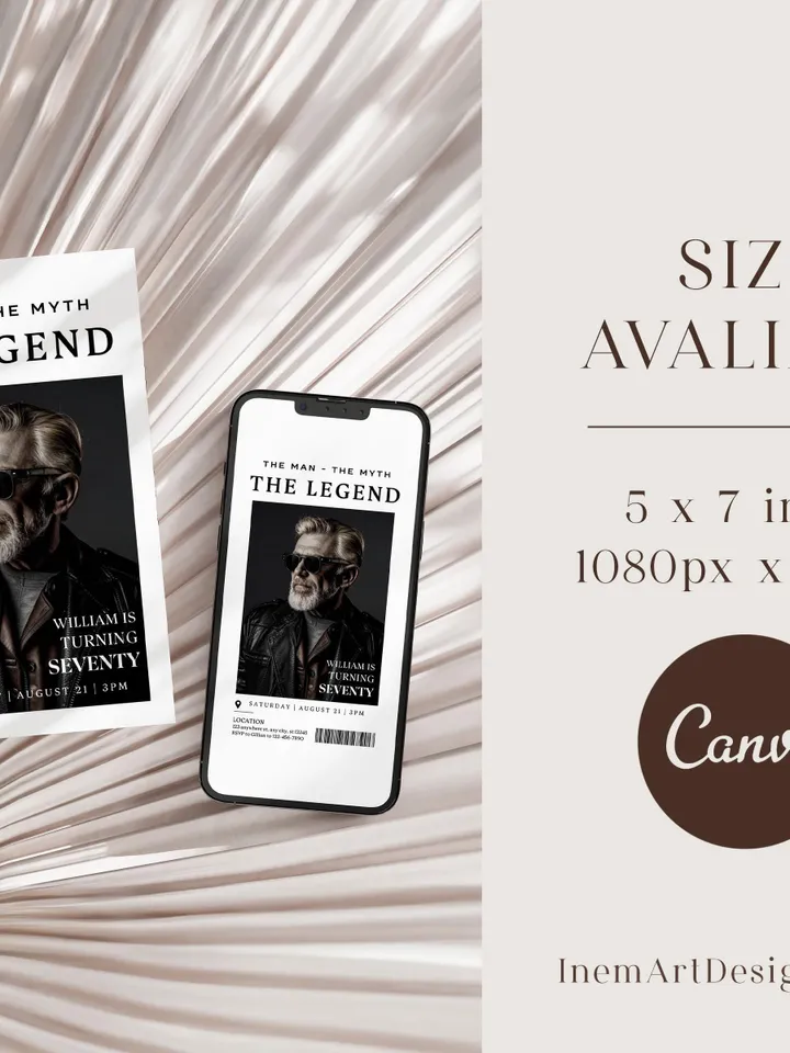The Man The Myth The Legend 70th Birthday Invitation, SEVENTY, Editable Printable, 70th Party Text Invite, Instant Download, Canva Template