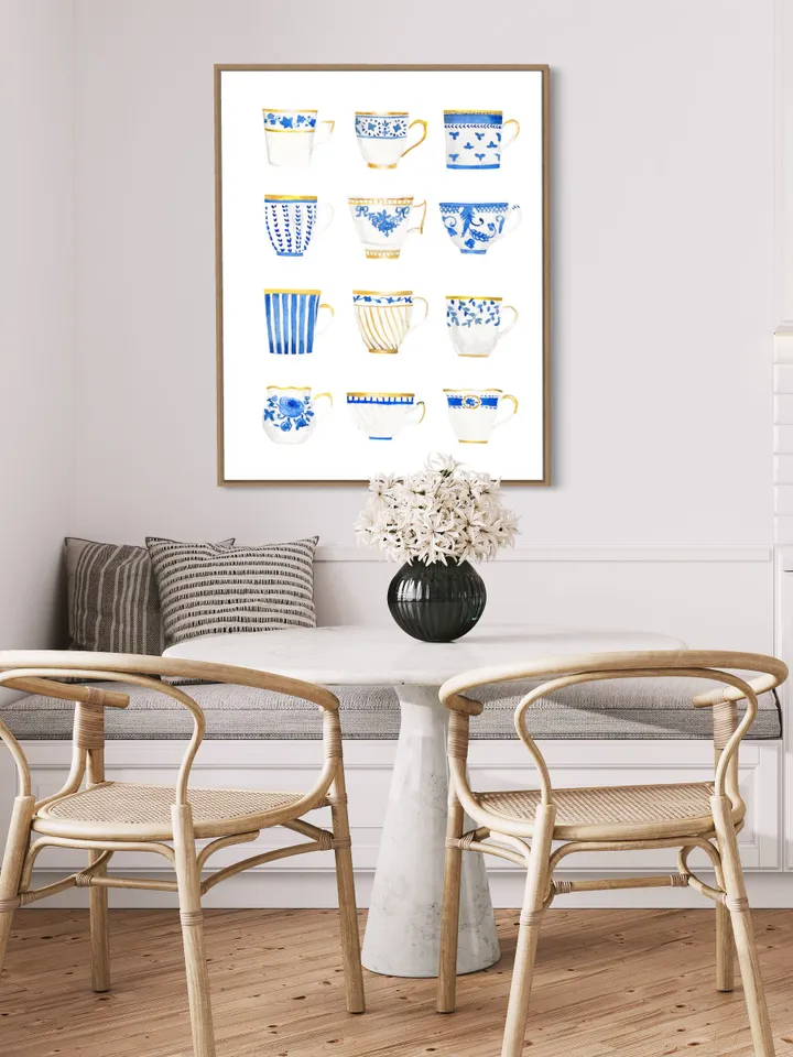 Teacups Art Print Blue And White Watercolor Painting Chinoiserie Wall Art Poster Tea Art Gift For Tea Lovers Vintage Tea Cups Kitchen Print