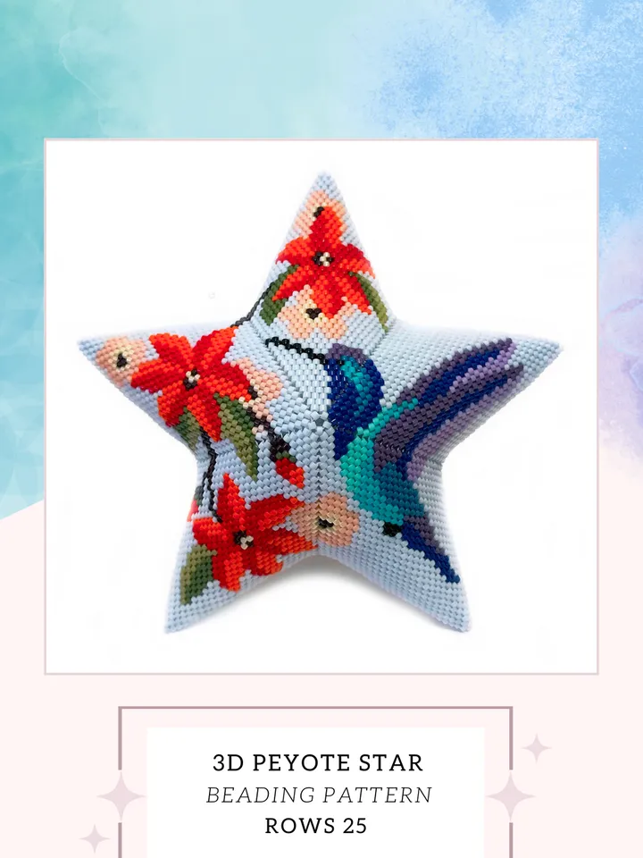 Hummingbird with Exotic Flowers, 3D Peyote Star Beading Pattern, Seed Beads Bird Ornament, Beadwork PDF Pattern