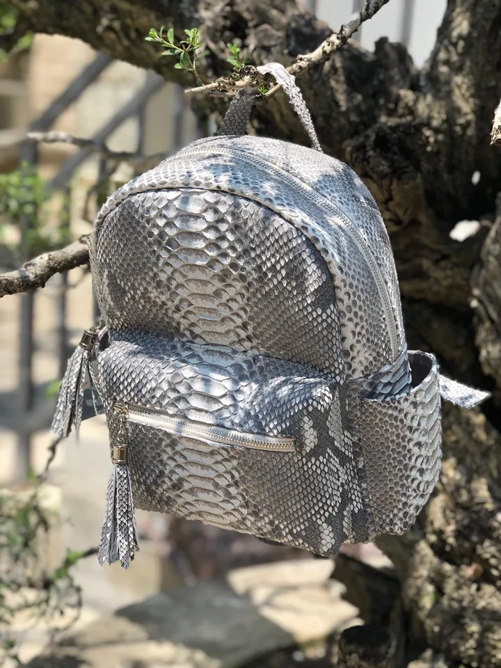 Genuine Python Skin Backpack Grey Woman Classy Elegant Backpack Leather, Woman Handmade Backpack Genuine Snakepint Pythonprint Natural Trend