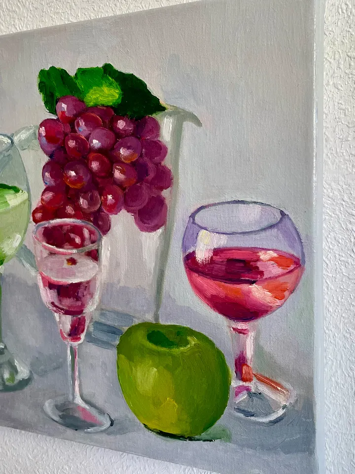 Wine Glass Painting, Original Oil Painting on Canvas, Fruit Still Life Painting