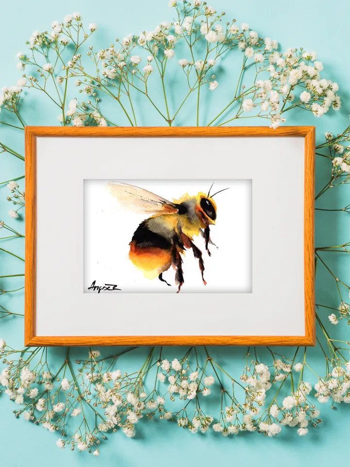Bumblebees original watercolor, bee painting, handmade wall decor, 4x6 in small art for bees lovers by Anne Gorywine