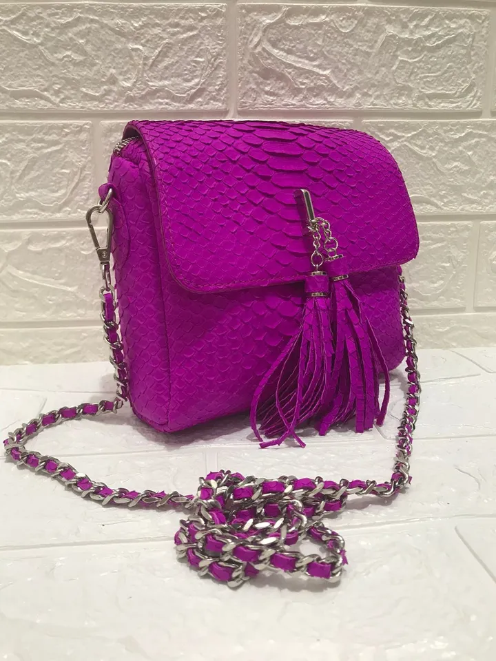 Genuine Python Skin Crossbody Bag | Chain Tassel hot pink bag | Leather Woman Free Shipping Handmade Summer purse | exotic leather bag