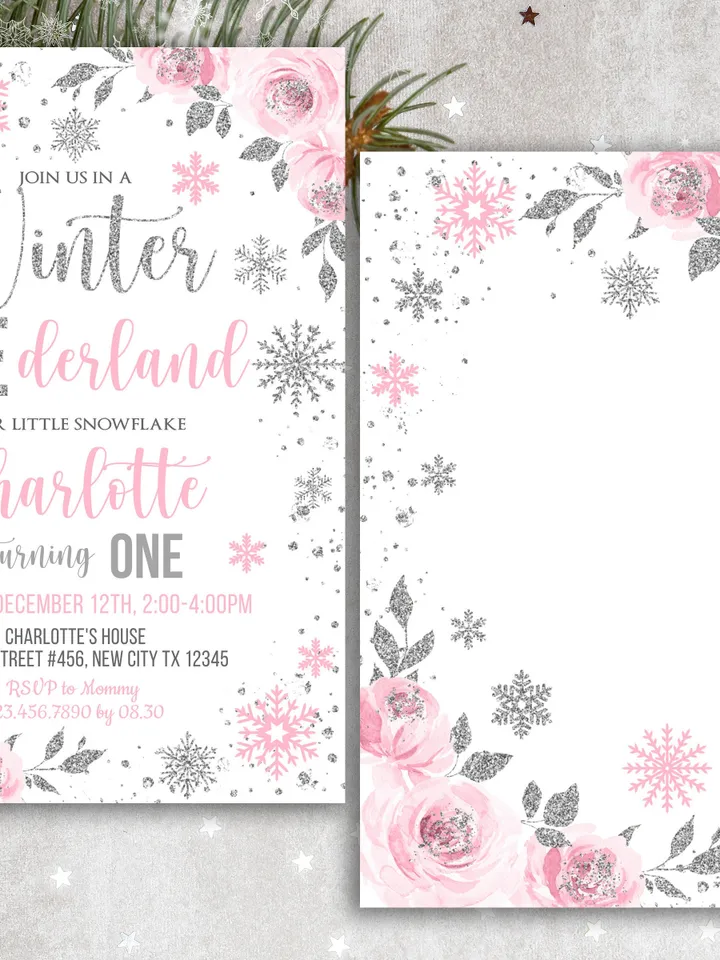 Winter Onederland Invitation Girl 1st Birthday Invitation, Winter Wonderland Birthday Invitation Floral First Birthday Silver Pink Snowflake