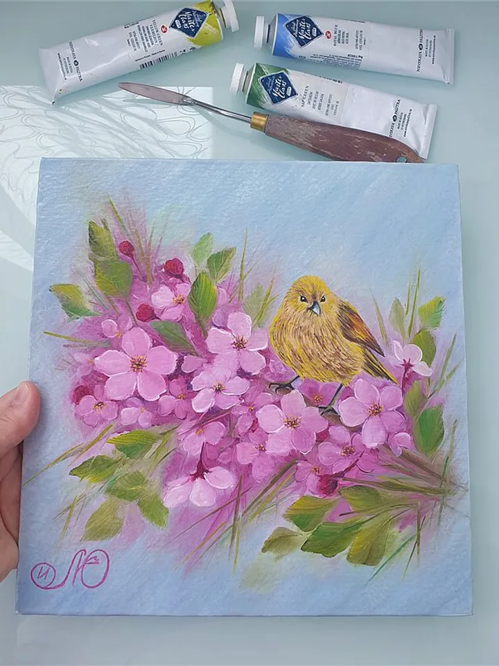 Bird Painting Cherry Blossom Original Art Animal Wall Art Spring Oil Painting