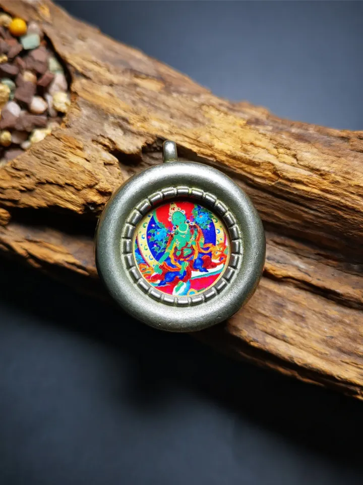 Gandhanra Vintage Green Tara Gau Ghau Shrine,Round Tibetan Buddhist Altar Amulet Pendant,Made of White Copper