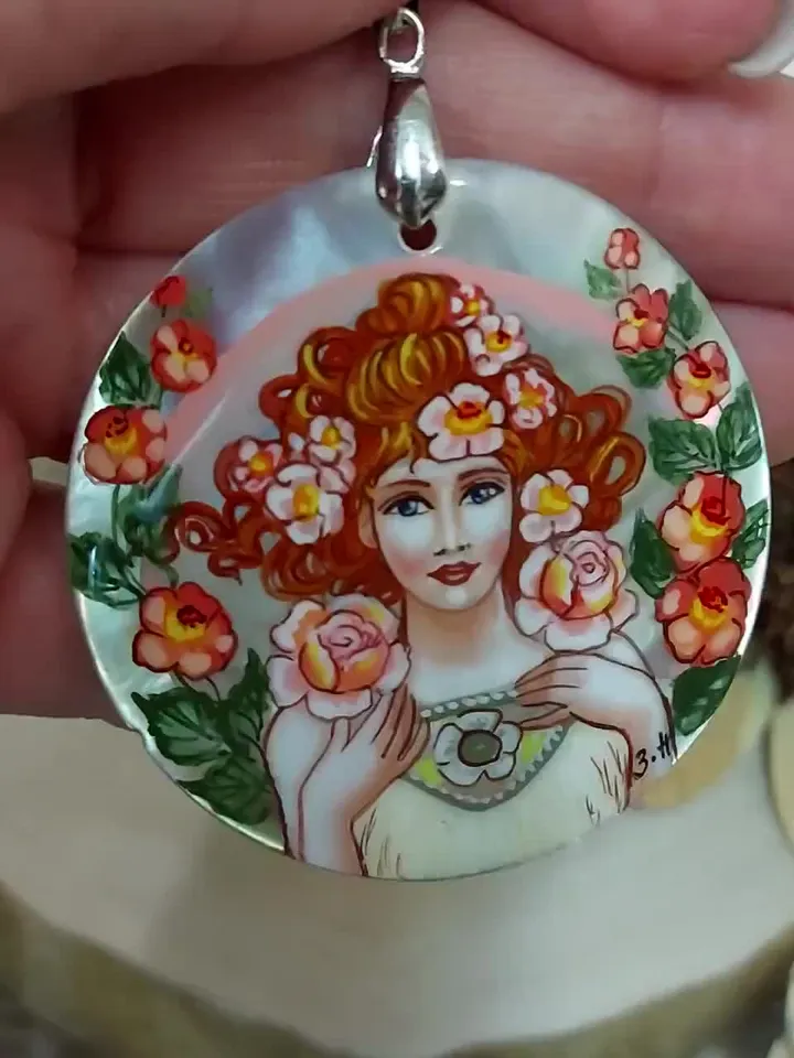 Pearl pendant necklace: Rose by Alphonse Mucha on aesthetic pendant. Handmade Floral jewelry with abalone mother-of-pearl. Gift for mother