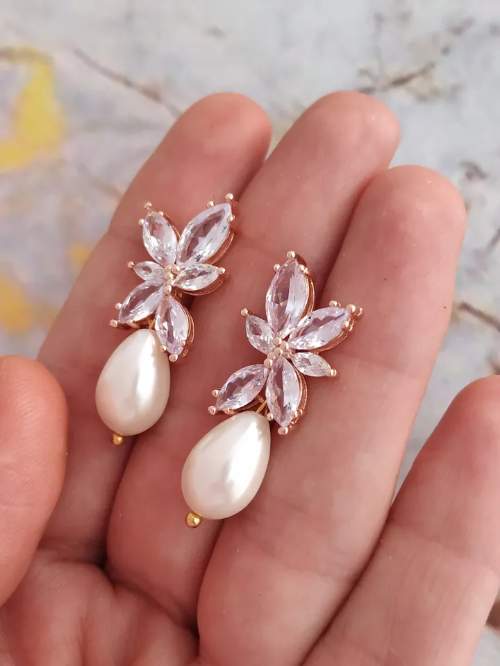 Swarovski Crystal Wedding Earrings, Pearl Bridal Earrings, Rose Gold Wedding Earrings, Vintage Style CZ Wedding Jewelry For Bride Gift