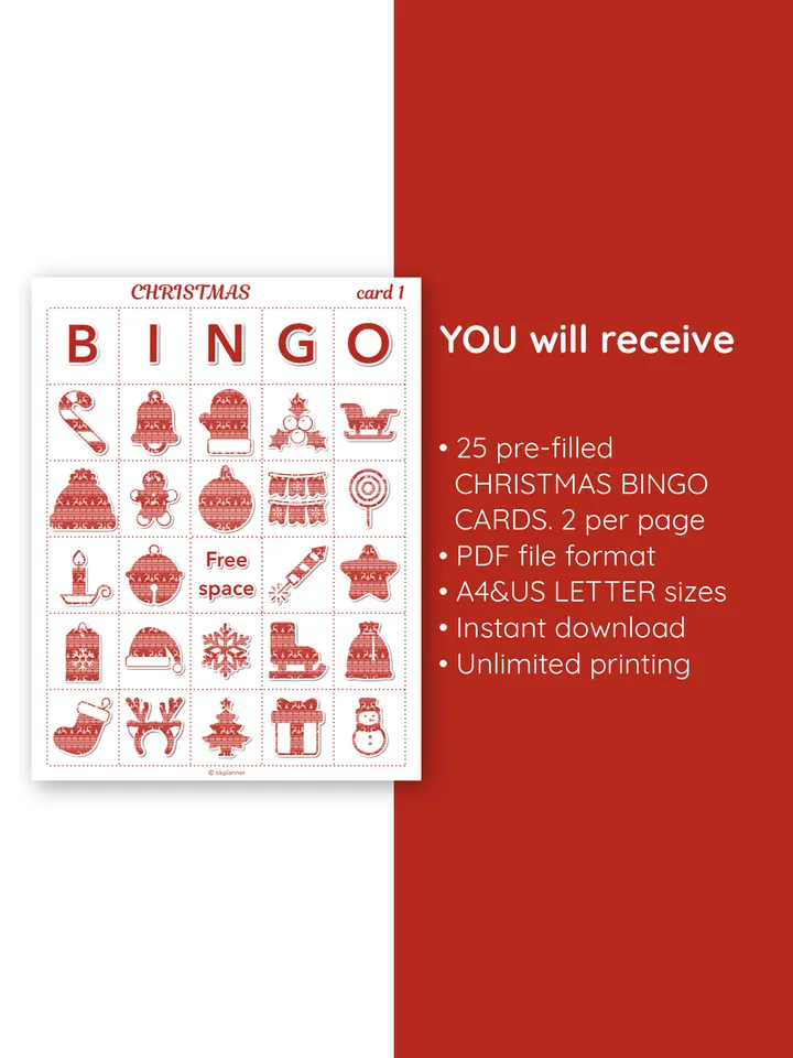 Christmas bingo game. Family game. Stocking stuffers. Holiday tradition. Christmas bingo cards. Christmas party game.