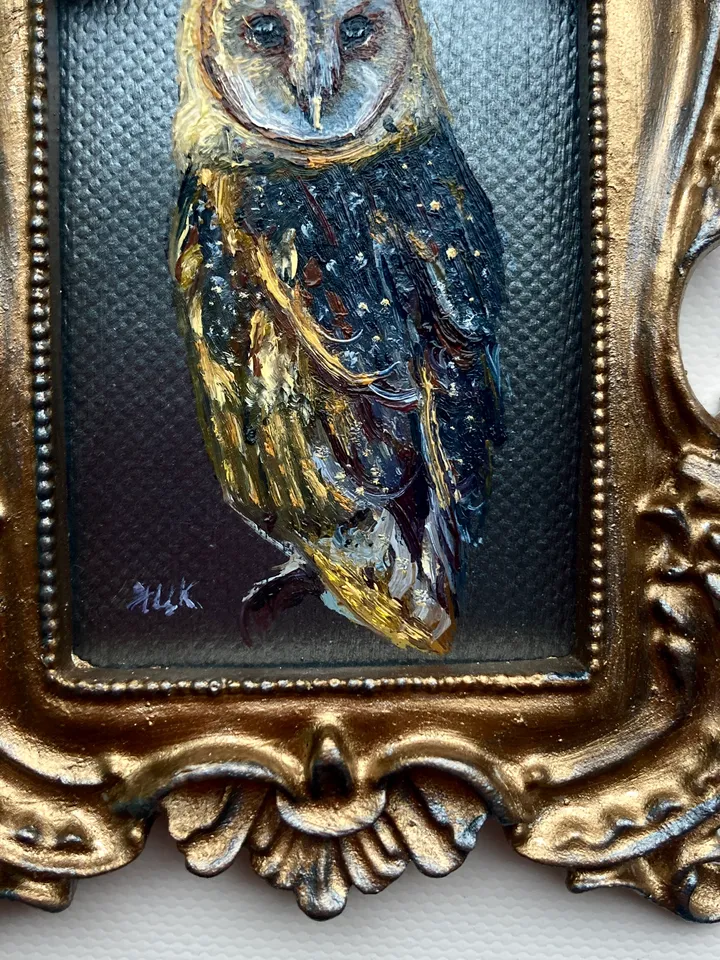 Owl Oil Painting Original In Vintage Style Frame Small Framed Bird Art Barn Owl