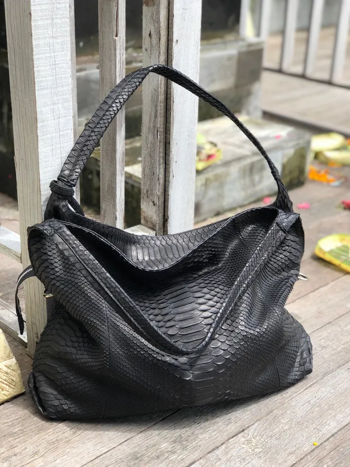 Big Soft Hobo Classy Sport Woman Bag | Purse Genuine Python Skin | Python Skin Products | Black Big Elegant Leather Designer Soft Bag Snake