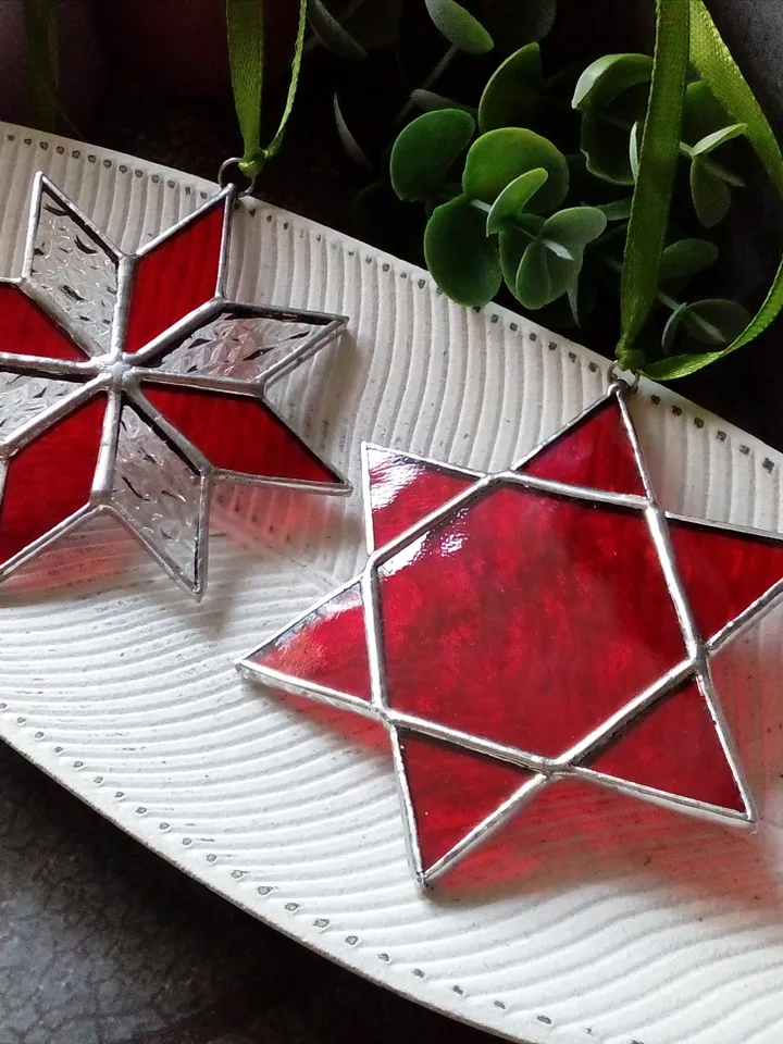 Set of 2 snowflake suncatchers, christmas ornaments, simple stained glass, Christmas decorations, Xmas tree star