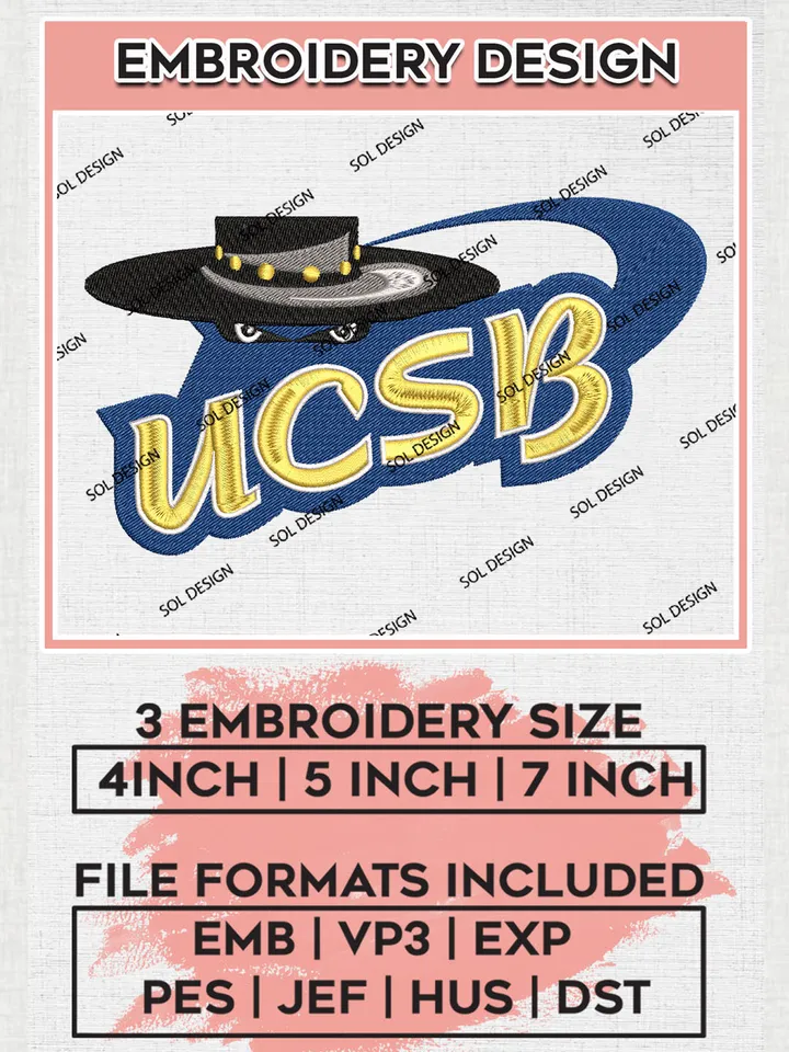 NCAA UCSB Gauchos Team Logo Embroidery Design Files, NCAA UC Santa Barbara Gauchos Machine Embroidery, NCAA Teams, Game Day, 3 sizes, NCAA Machine embroidery designs, Digital Download