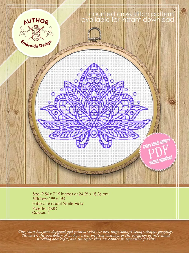 Lotus flower cross stitch pattern download PDF, Set Lotus mandala cross stitch chart, Mandala pattern PDF, Floral ornament cross stitch #S31