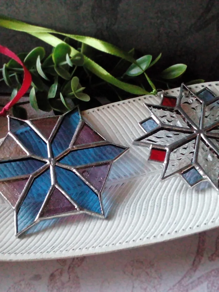 Set of 2 snowflake suncatchers, christmas ornaments, simple stained glass, Christmas decorations, Xmas tree star