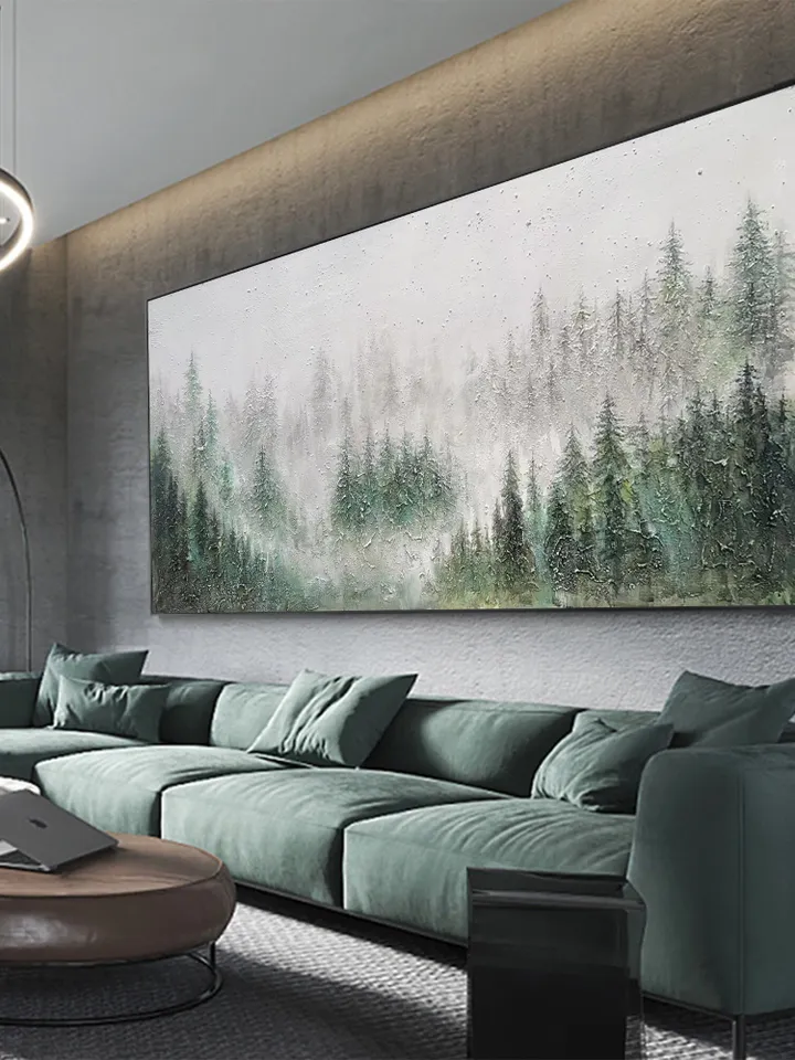 Misty Forest Painting, Textured Landscape Art, Green Forest Wall Art, 3D Canvas Art, Nature Wall Decor, Serene Forest Scene, Panoramic Art