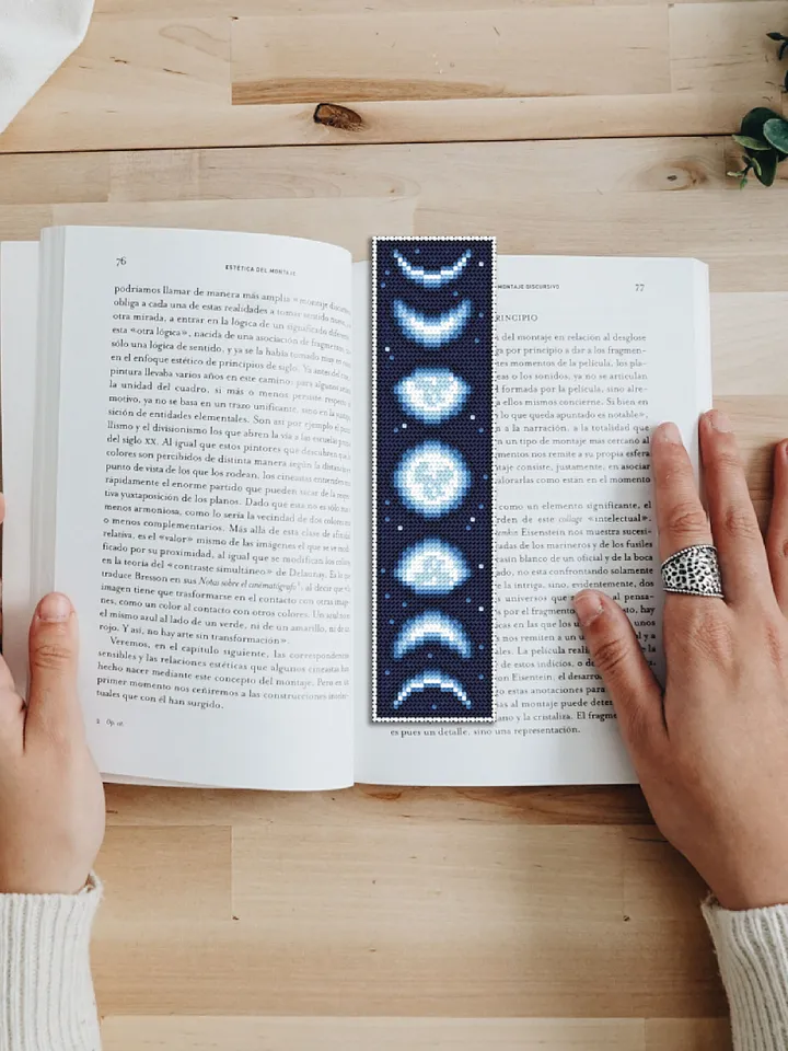 Moon bookmark cross stitch pattern download PDF, Handmade bookmark embroidery PDF, Moon phases cross stitch chart, Starry night sky #B83