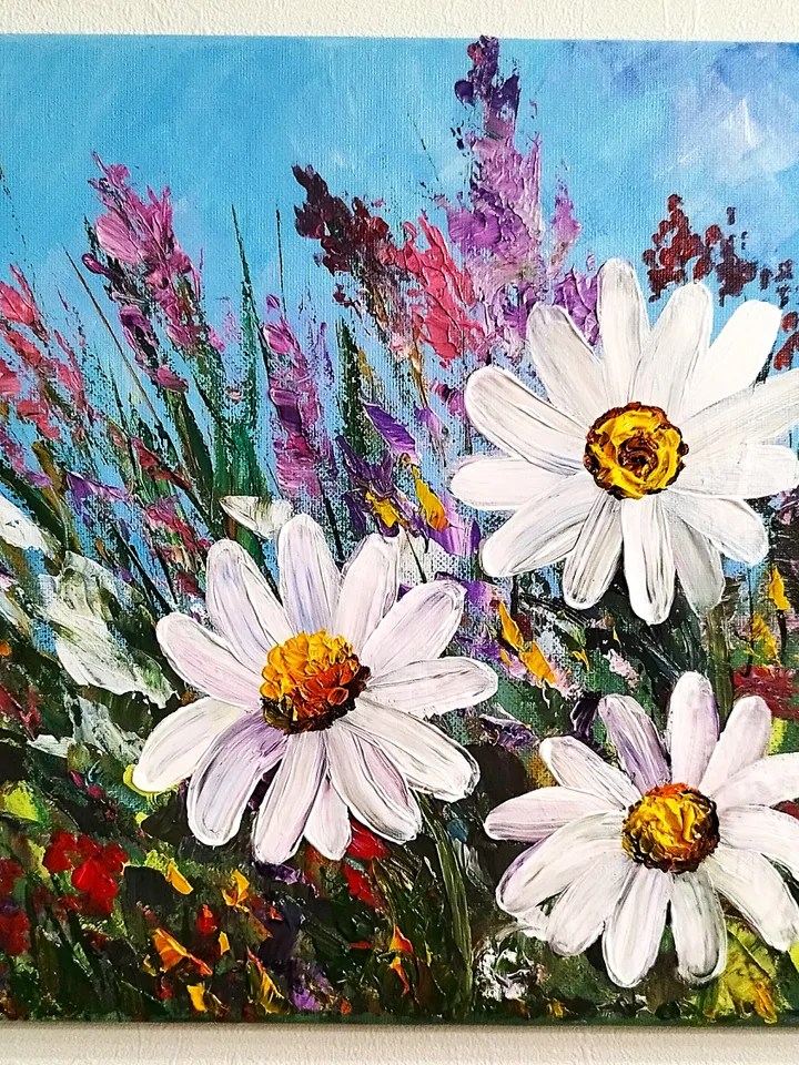 Daisies Painting Wildflowers Acrylic Art Wall Decor| Textured Acrylic Painting