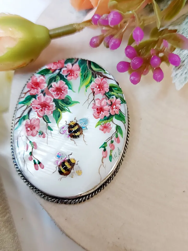 Brooches for women: Pink Wild Roses and Bees Brooch, wonderful hand painted shell pins, handmade paintings on mother of pearl pin for dress