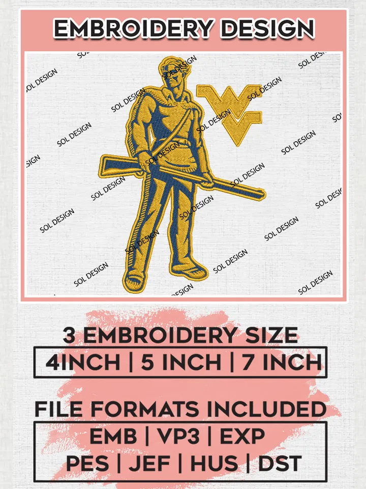 West Virginia Mountaineers Team Logo Embroidery Design Files, NCAA West Virginia Mountaineers Machine Embroidery, NCAA Teams, 3 sizes, NCAA Machine embroidery designs, Digital Download
