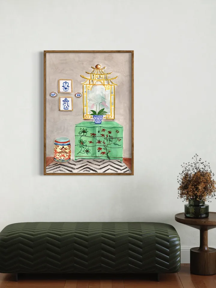 Chinoiserie Decor Watercolor Painting Print Green Chinoiserie Wall Art Painting Of Interior Ginger Jar Impressionist Art Christmas Art Gift