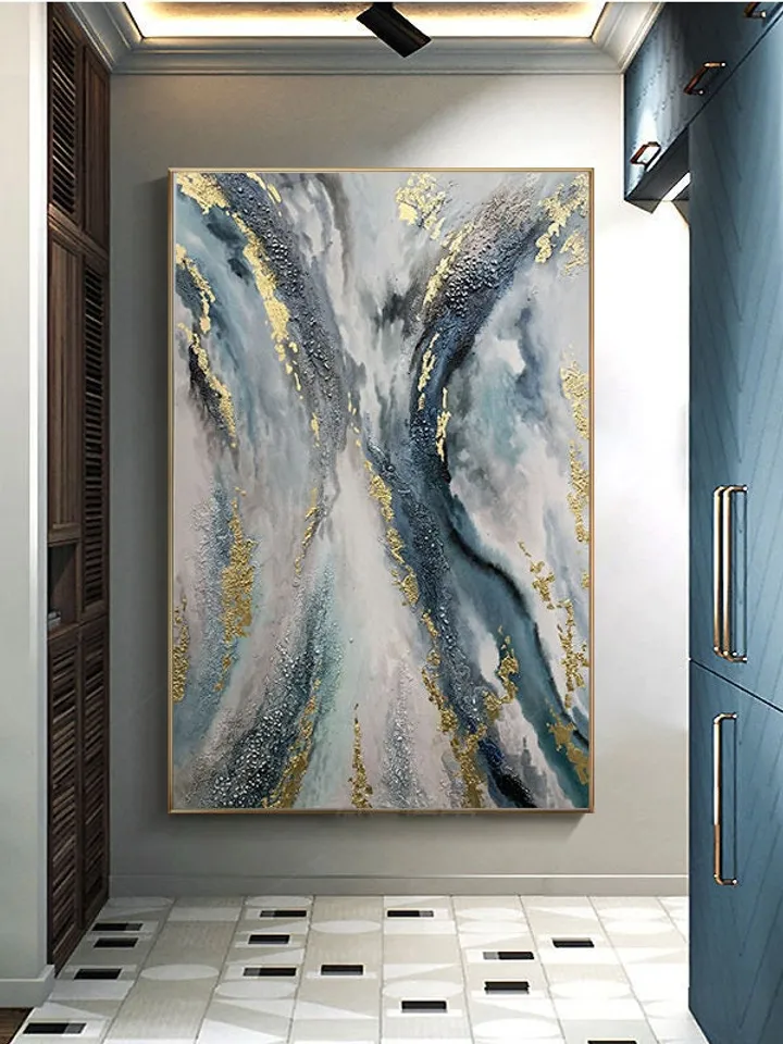 Large Gold leaf Abstract Painting,Original Blue Abstract Painting,Large Painting on Canvas,Large Abstract Art,Office Wall Decor,Wall Art