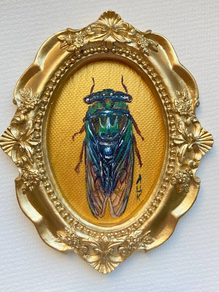 Framed Insect Oil Painting Original Entomology Art Cicada Painting Gold Frame Dark Academia