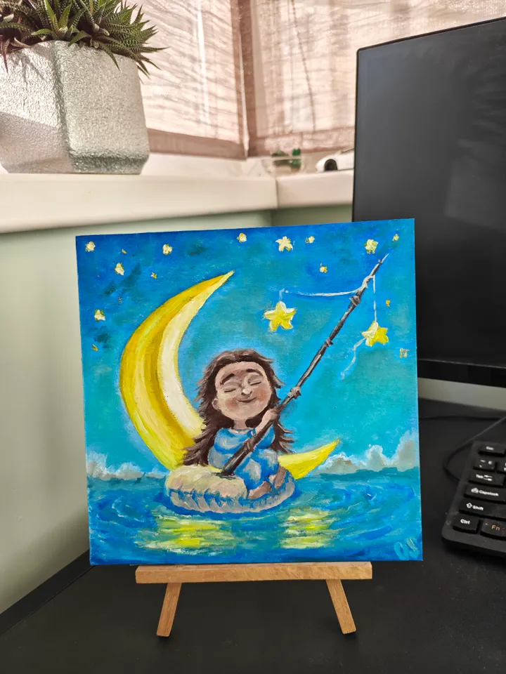Girl Original Painting Funny Girl Art Doll Moon Original Artwork Funny Doll Wall Decor Cute Girl Original Art Girl Room Wall Decor Cartoon Girl Oil Painting 8 x 8 inches by OlgaSokolovaArt