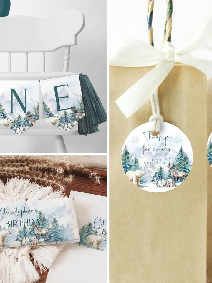 Winter Onerderland Boy 1st Birthday Invitation Bundle, Winter Wonderland Xmas First Party Invite Decor Set, Editable Corjl Template - i132