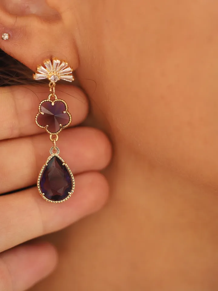 Art Deco Gold Purple Fan Wedding Earrings, Floral Boho Bridal Earrings, Flower Gatsby Wedding Earrings, Vintage Statement Wedding Jewelry