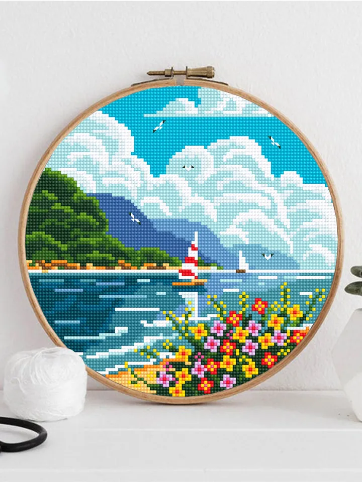 Nature cross stitch pattern download PDF Sea beach cross stitch chart Summer modern landscape cross stitch sampler DIY Hawaii home decor #L2