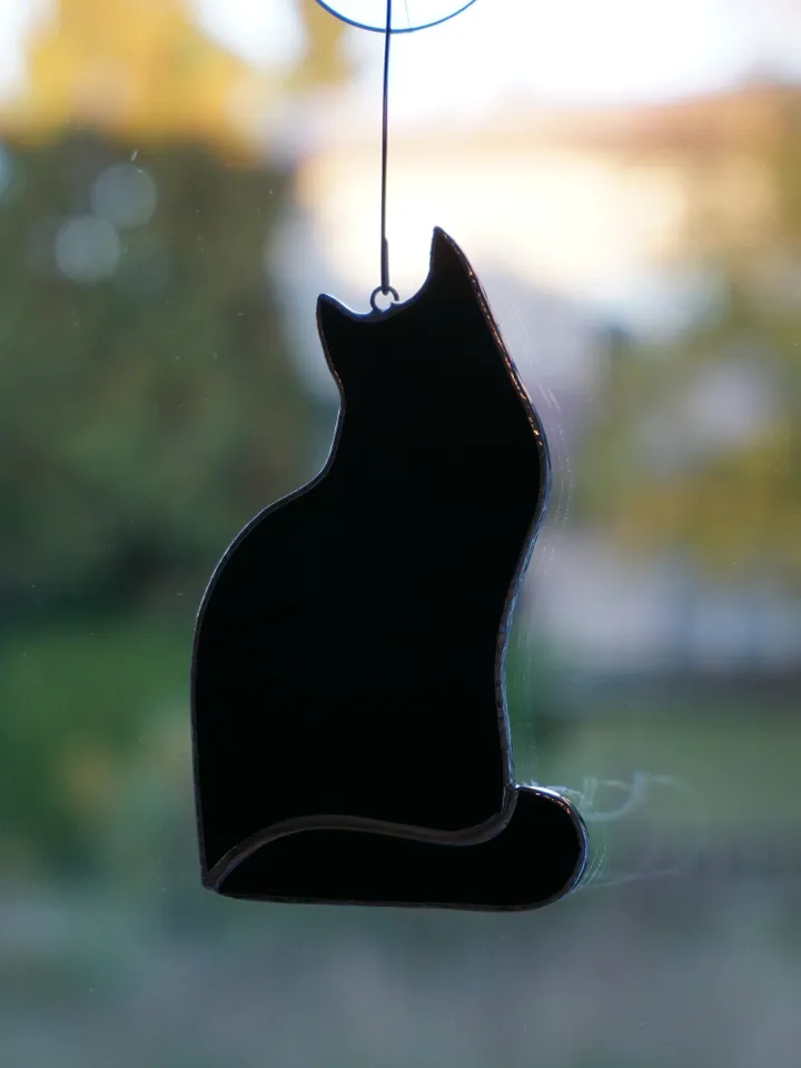Cat Stained glass hanging , standing Suncatcher , black , white , gray , brown mottled , cocoa , amber . Gift animal lover , shelf sitters