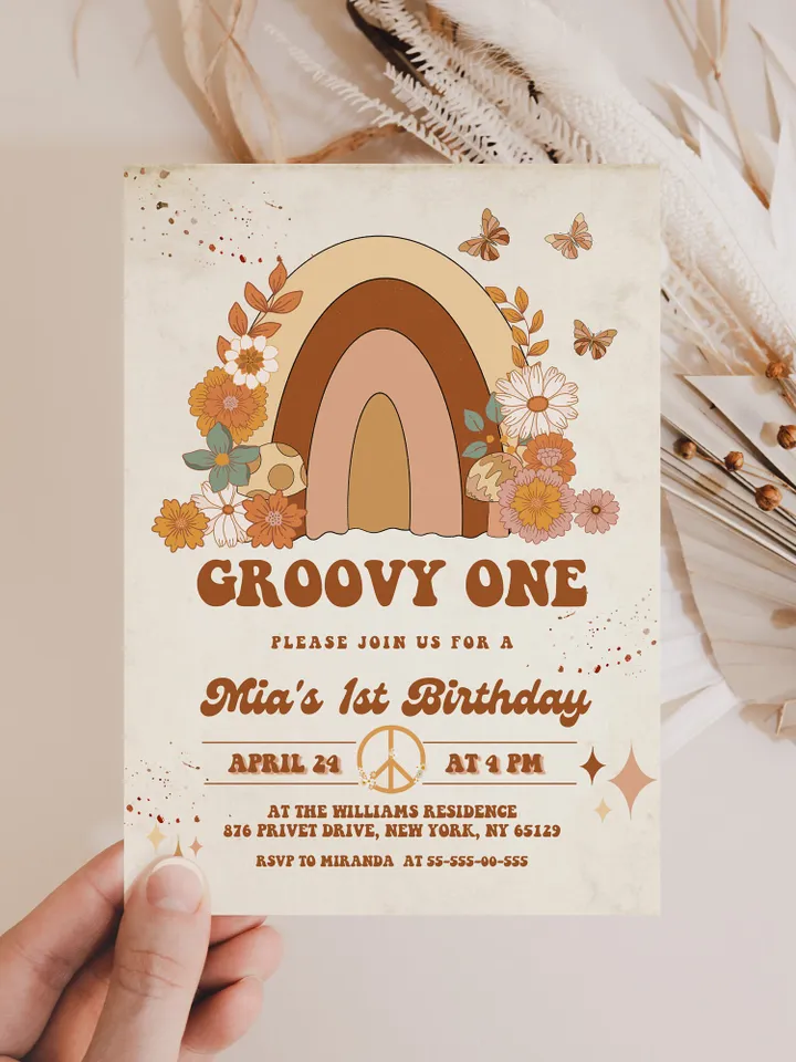 Groovy One Baby Editable Any Age Pink Groovy Van Daisy Rainbow Hippie Birthday Invitation Let's get Groovy 1st Birthday Invitation ; gr5