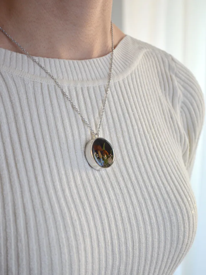 Real mushroom pendant. Necklace with dried mushrooms in resin. Necklace with a forest composition.