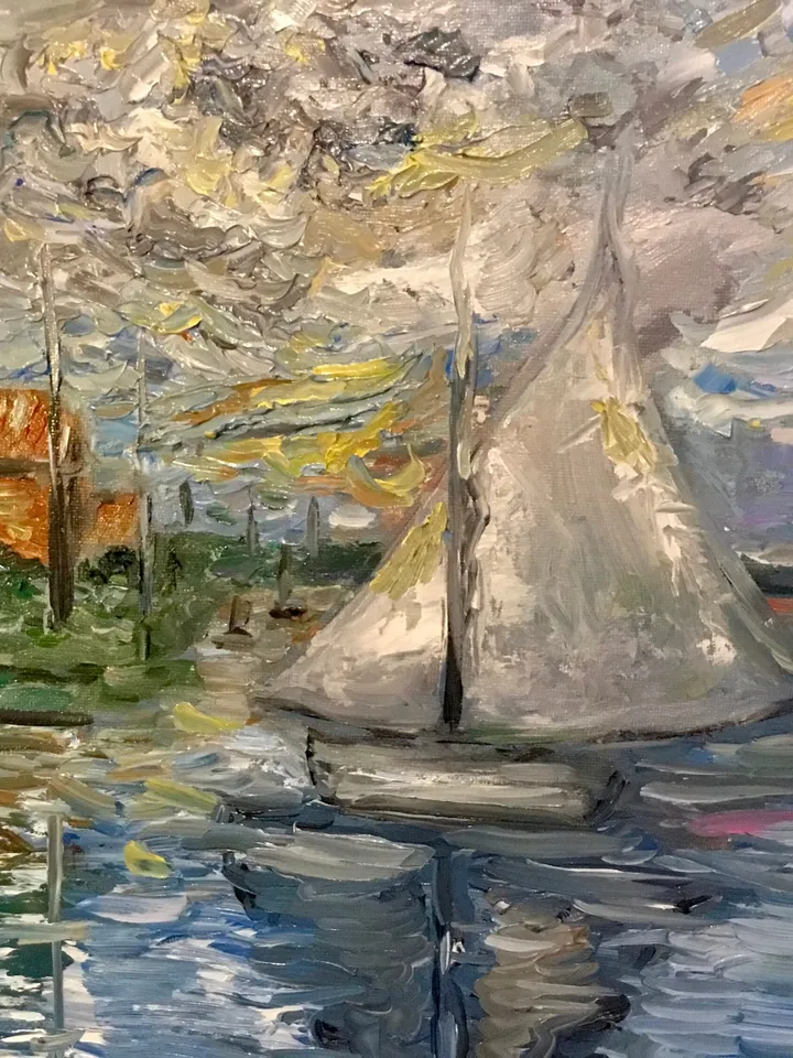 Boat on the river,original oil impressionistic style painting on canvas board,Monet inspired,handmade painting,home decoration wall hanging