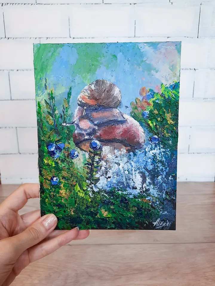 Snail painting Original acrylic painting Mushroom painting Forest landscape art