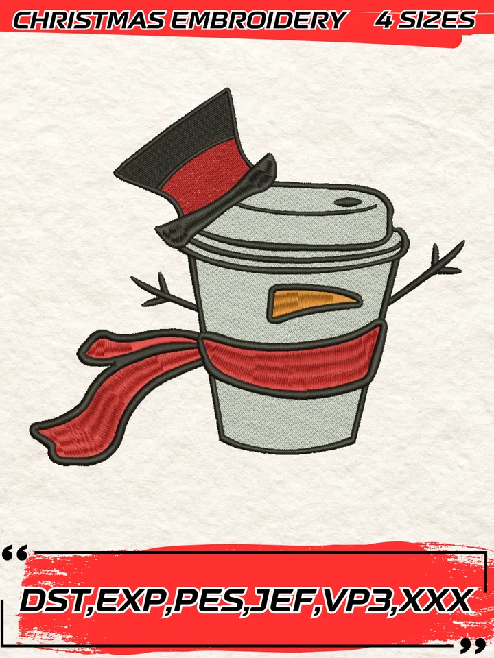 Christmas Cup Snowman Embroidery Design,Christmas Embroidery Design,4 Sizes, Digital Download